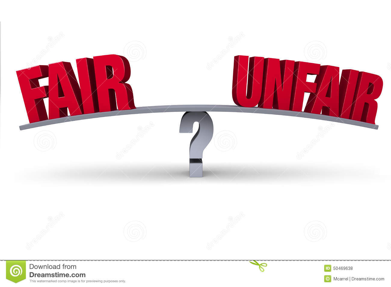 fair-unfair-red-sit-opposite-ends-gray-board-balanced-gray-question-mark-white-50469638