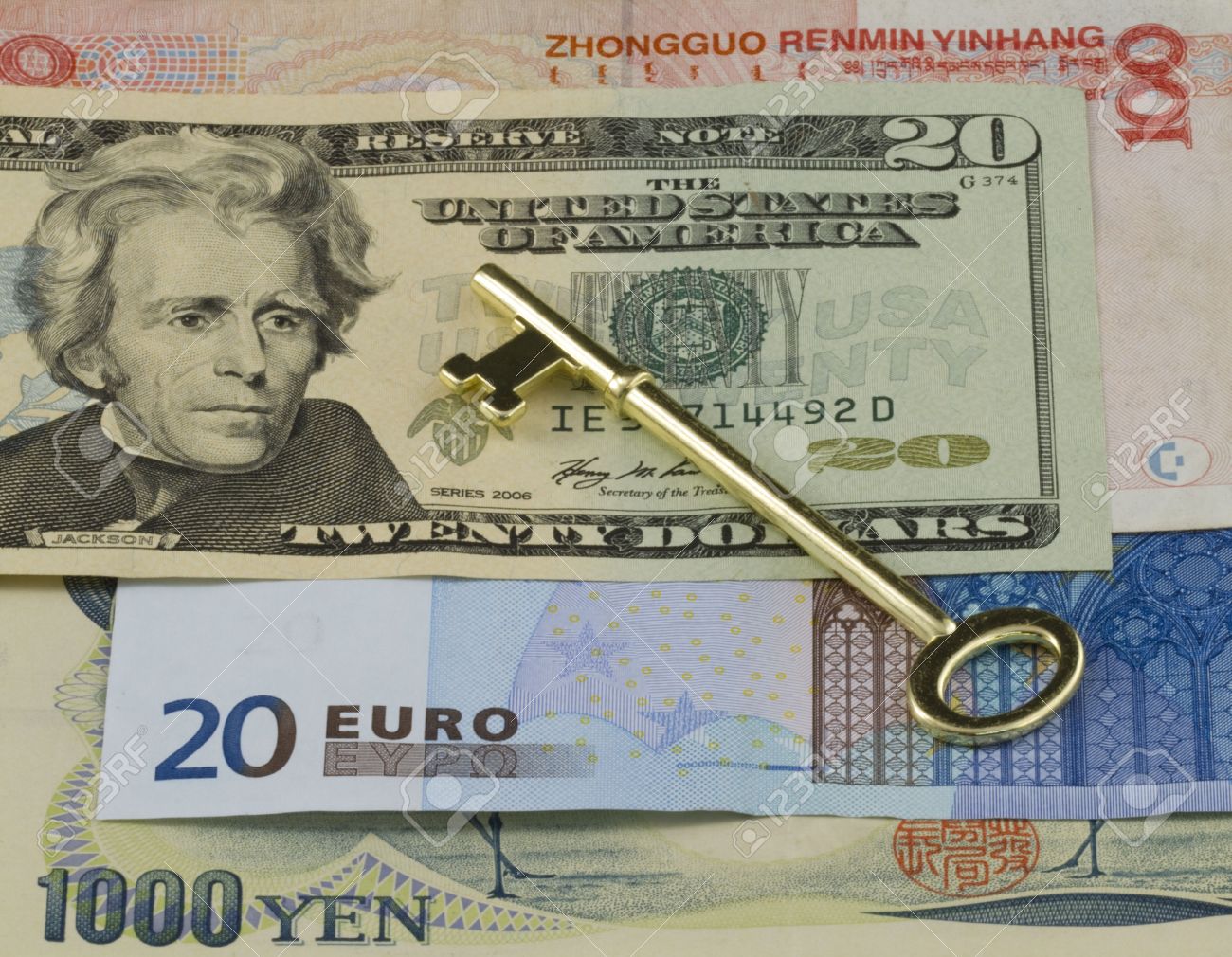 7843638-Golden-key-placed-on-multiple-currencies-Dollars-Euro-Yen-and-RMB-for-worldwide-business-representat-Stock-Photo